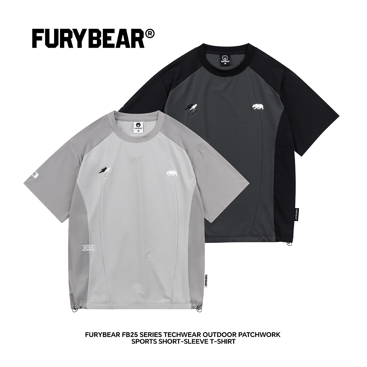 FURYBEAR熊怒FB25系列黑色灰色机能户外速干拼接短袖T恤