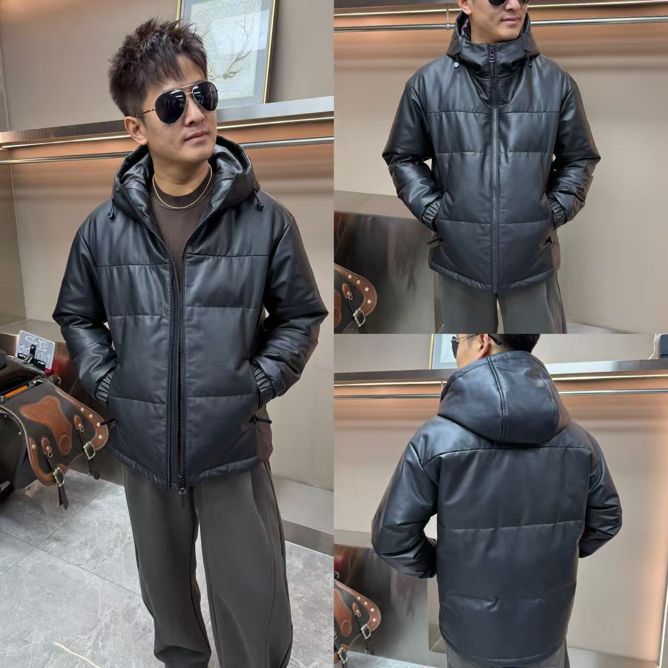 短款时尚大气连帽保暖冬季头层牛皮皮衣羽绒休闲潮流男款