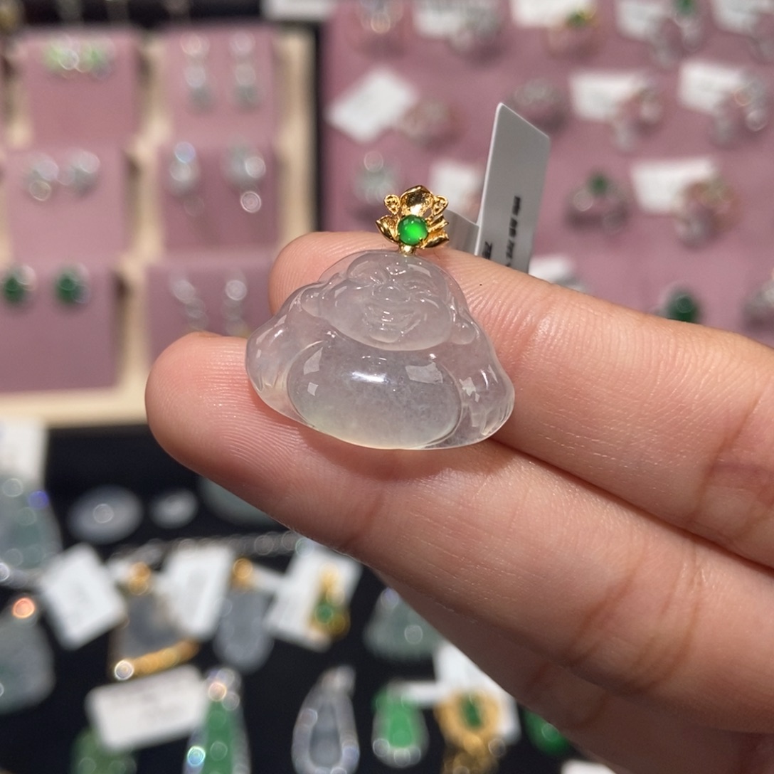 翡翠18K金镶嵌颈饰纯天然缅甸翡翠A货佛公