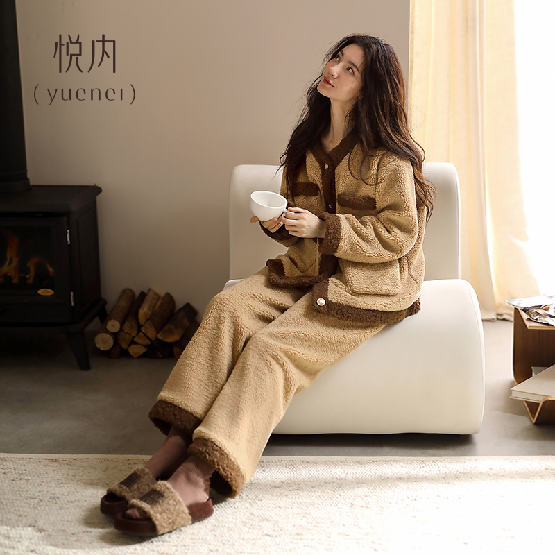 悦内睡衣女款冬季冬天法兰绒加绒加厚珊瑚绒家居服软绵绵开衫套装