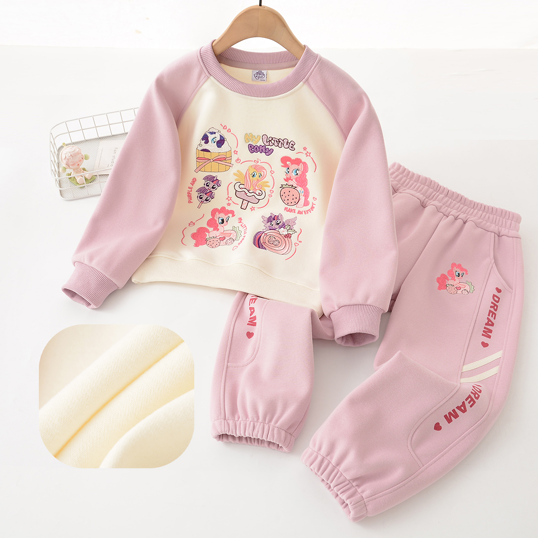 XM116圆领2025年春季新款卡通重工刺绣拼接儿童套装