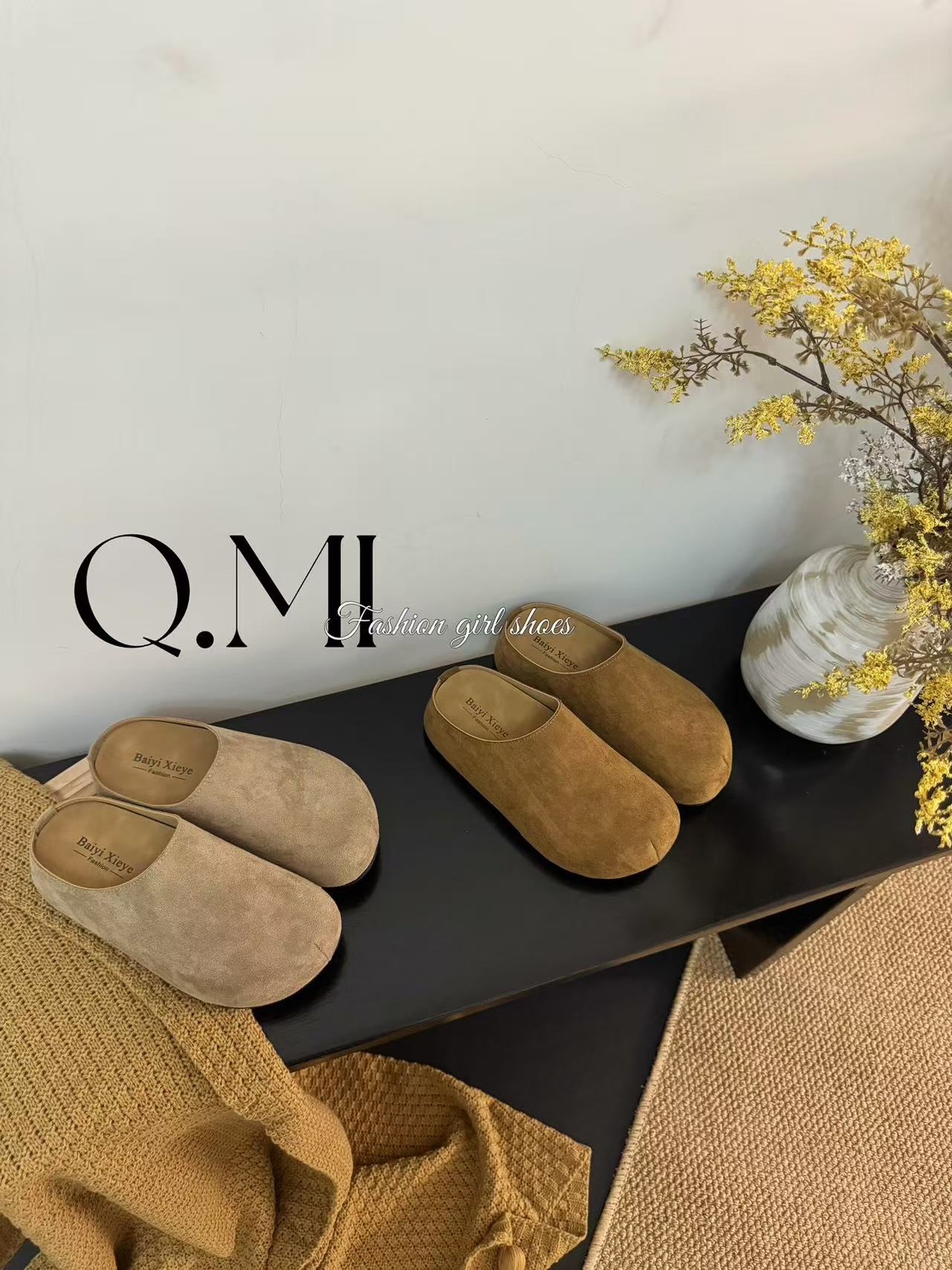 Q.MI厚底勃肯鞋女外穿半拖鞋2025秋冬款韩版休闲一脚蹬懒人包头拖