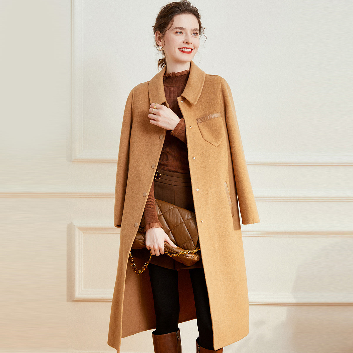 白鹿语冬时尚翻领气质通勤中长单排扣羊毛混纺双面呢大衣BX30137