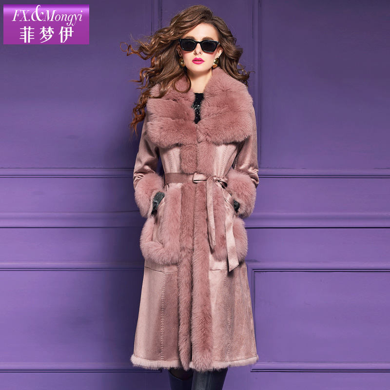 菲梦伊新款兔毛皮一体外套时尚狐狸毛领中长款保暖大衣61894