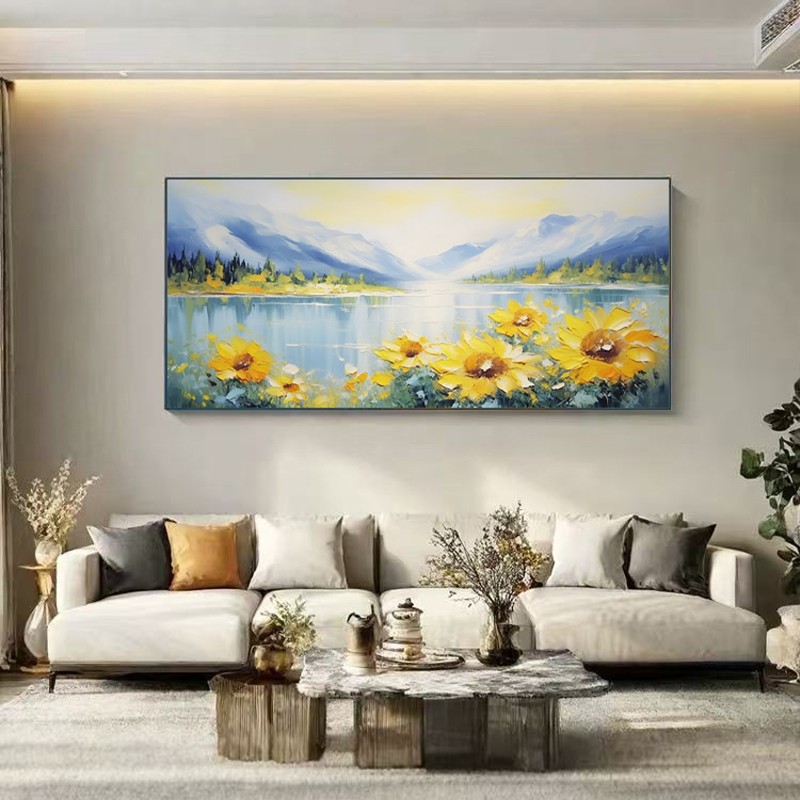 手绘油画《向日葵与山丘》现代客厅装饰画立体肌理艺术画风景画