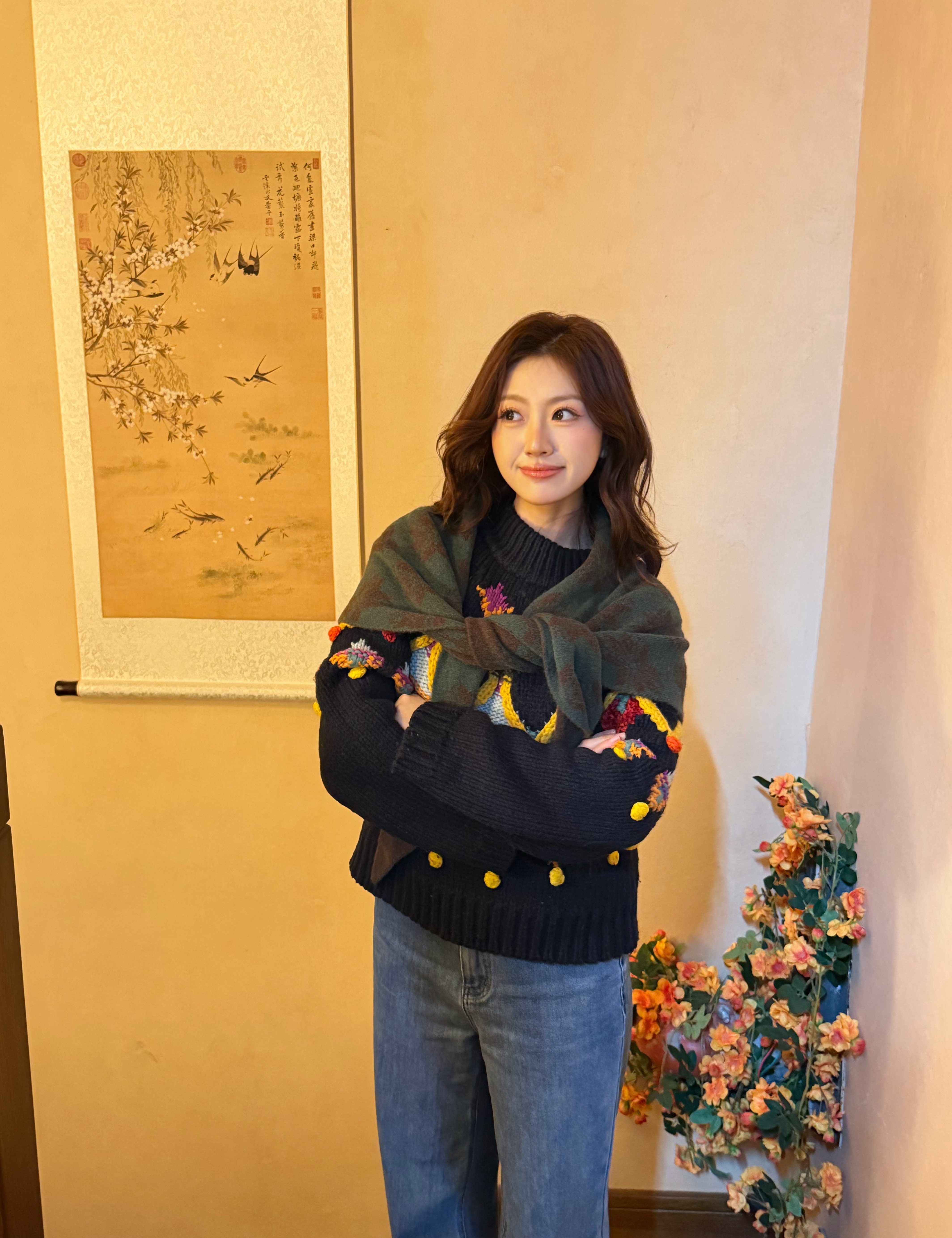 北极绒雪花条纹相间深绿围巾三角巾