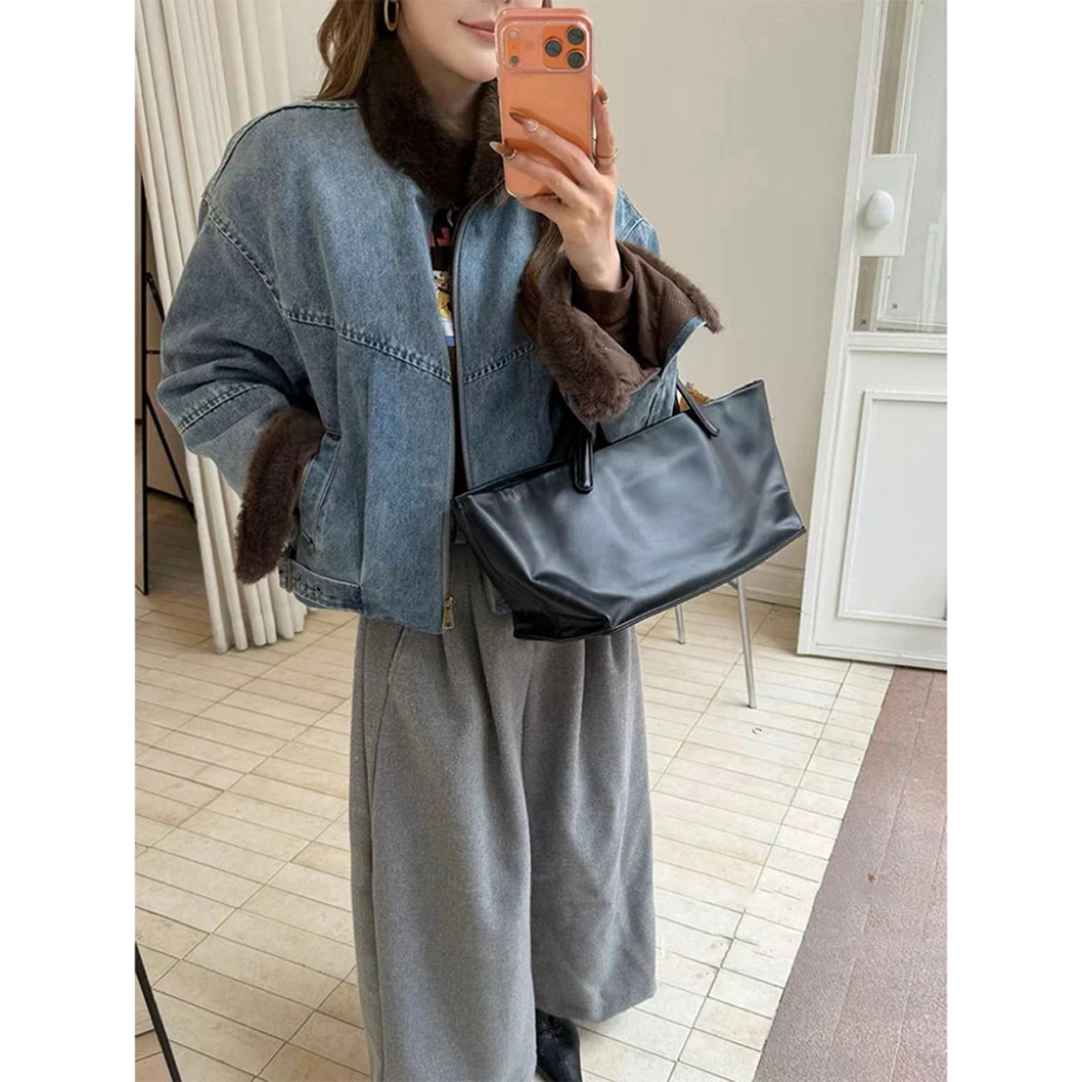 饺子@J5068 韩系时尚拼接毛毛牛仔外套（衣长60）11-22