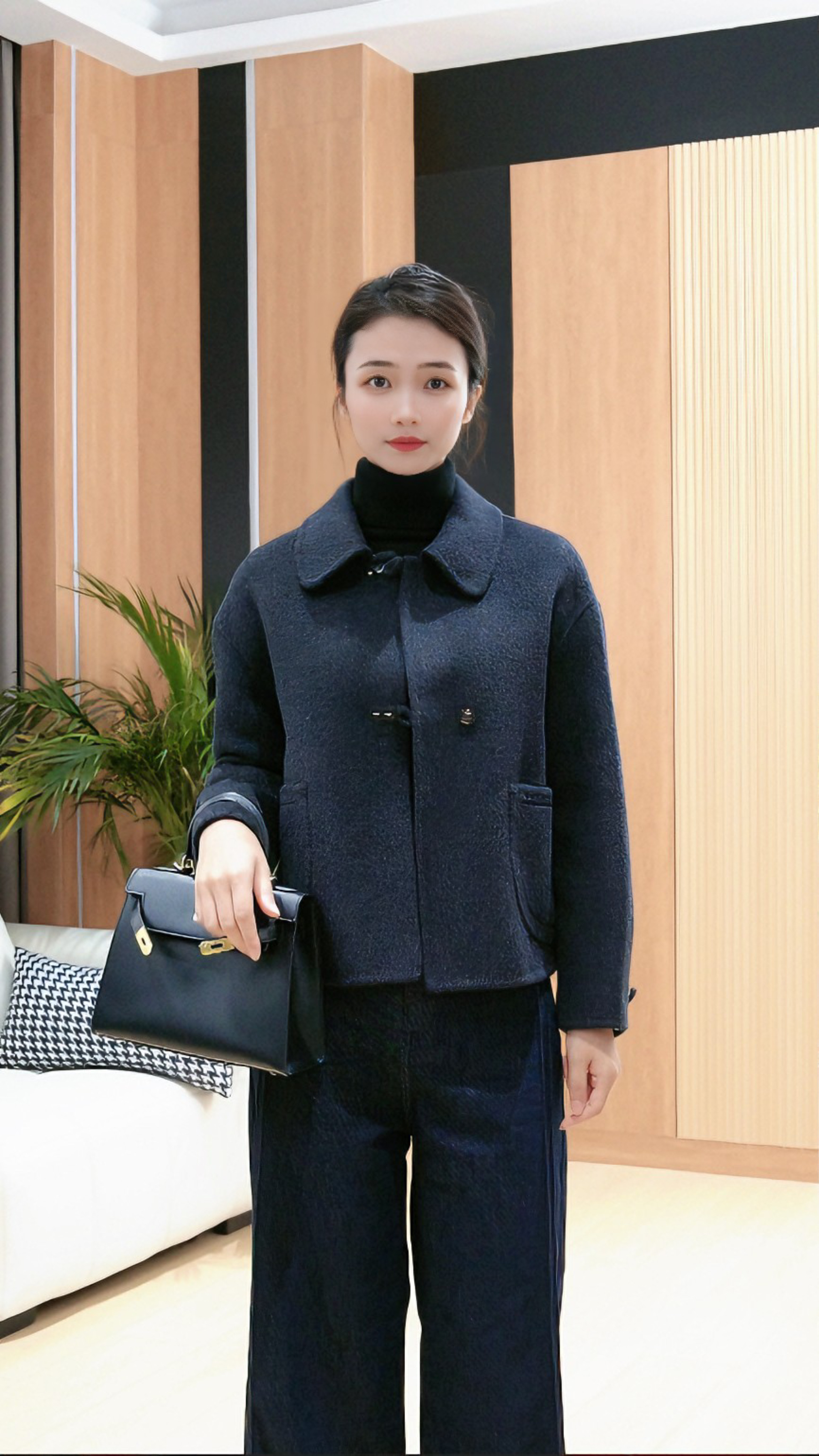 （SSIY）春秋爆款娃娃领双插口袋气质时尚休闲纯色短款双面羊毛大衣