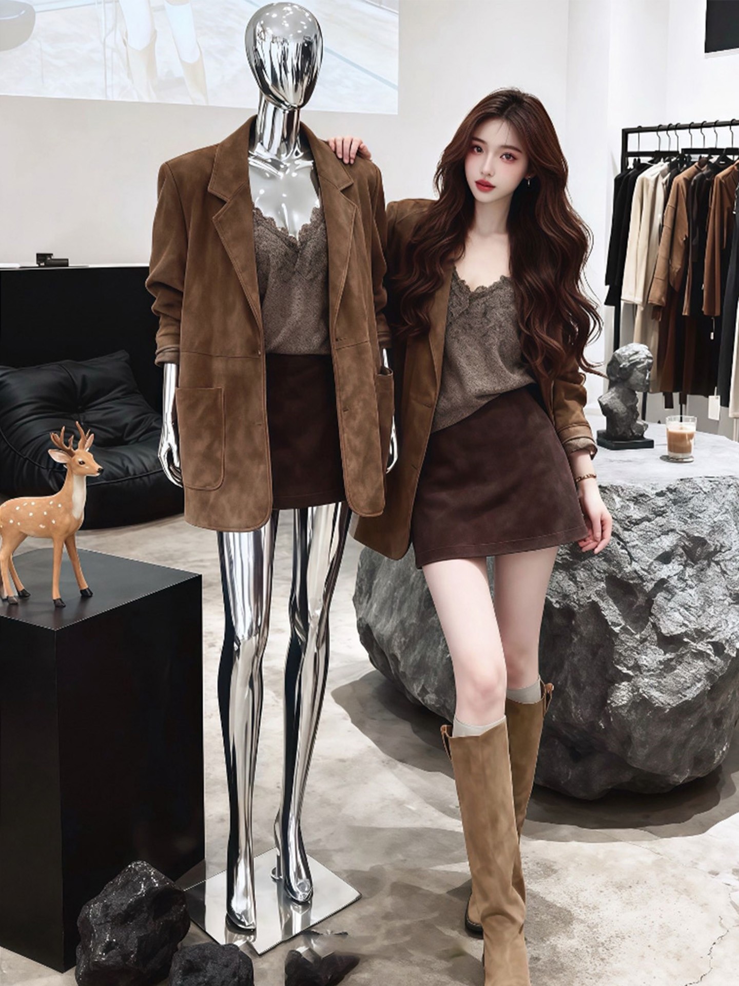 大码胖mm韩系休闲气质吊带西装外套短裙套装女装秋冬季上衣半身裙