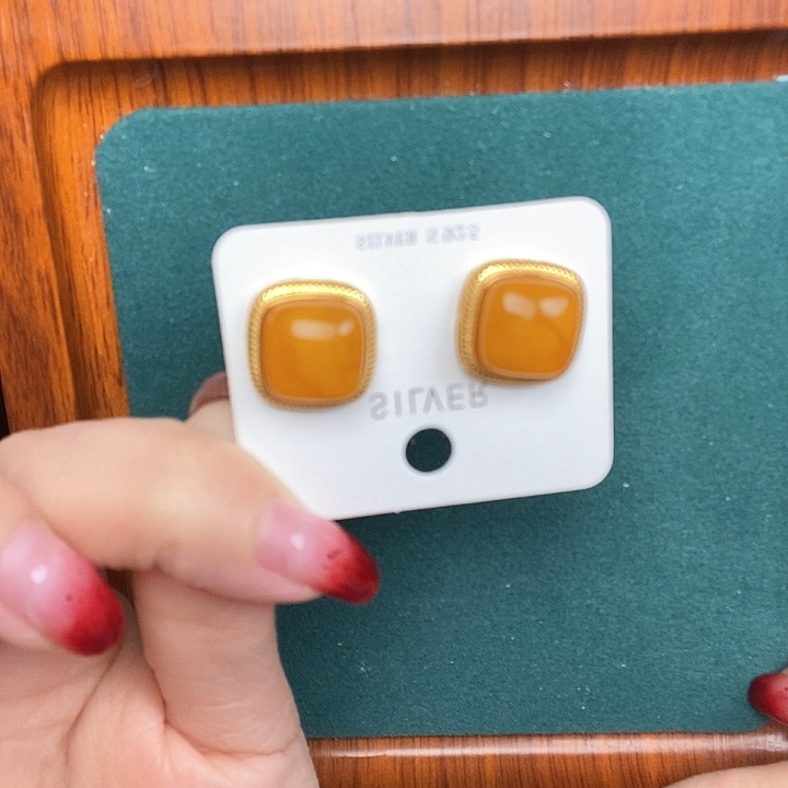 蜜蜡耳饰银S925镶嵌耳钉