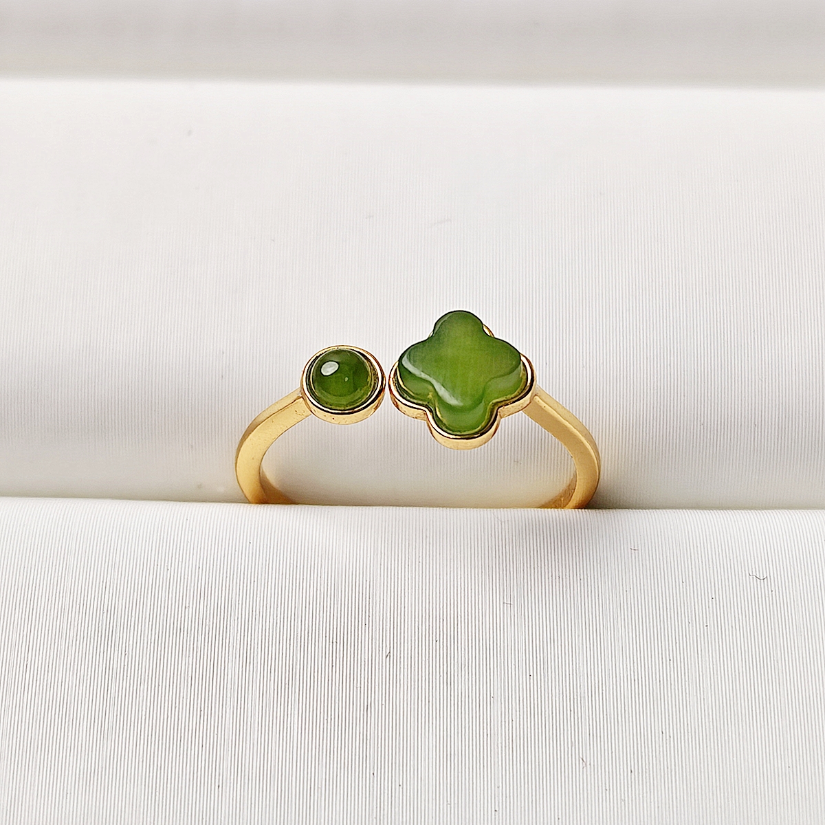 S925银镶四叶草碧玉戒指开口国风百搭经典款式