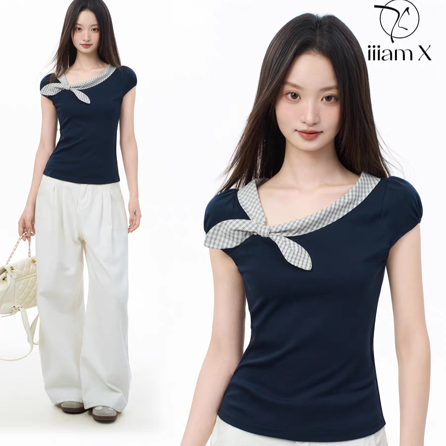 7138领结设计甜系藏青女修身T恤SML【C3】