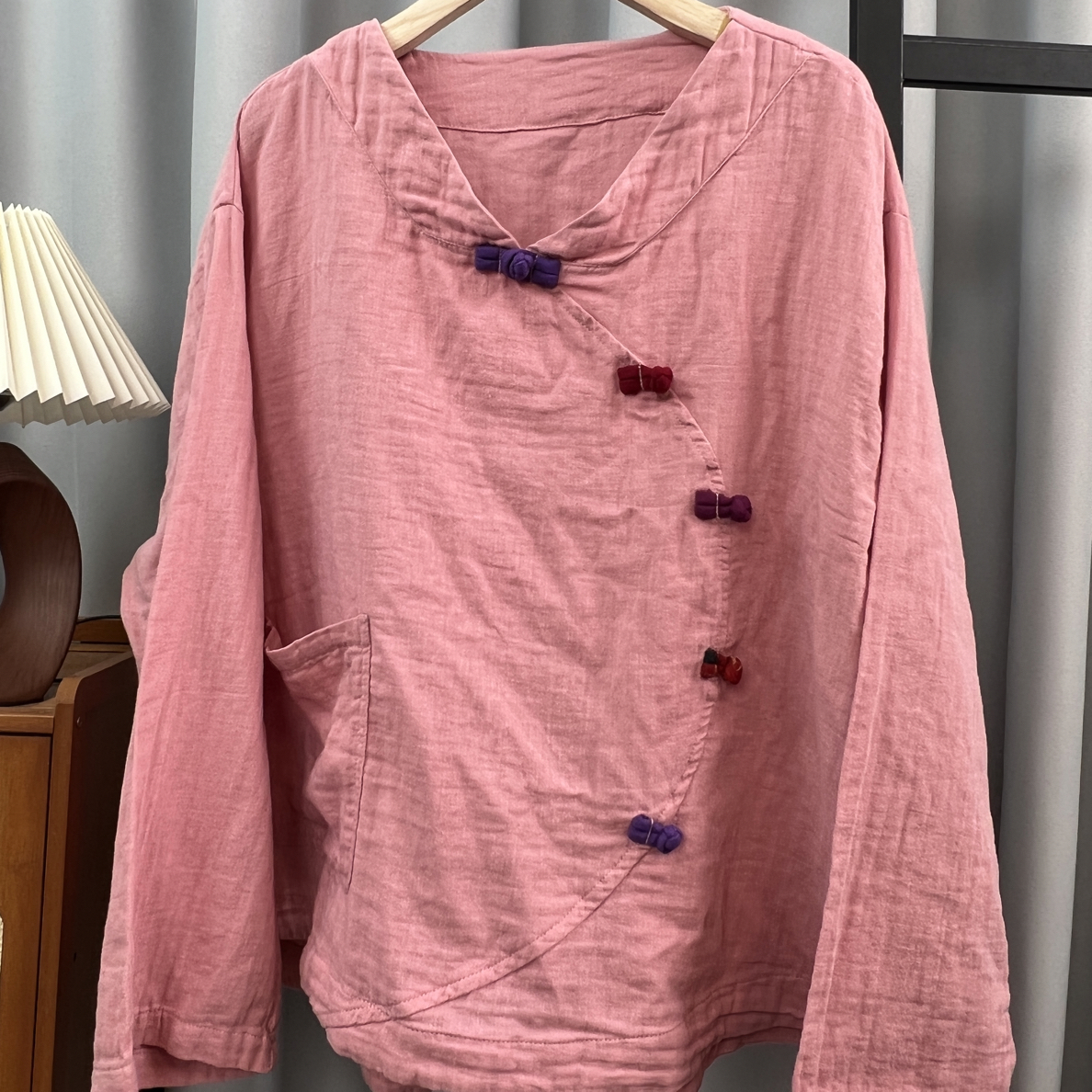 新款早秋彩扣斜襟纯色立领长袖宽松短款古风茶服衬衫
