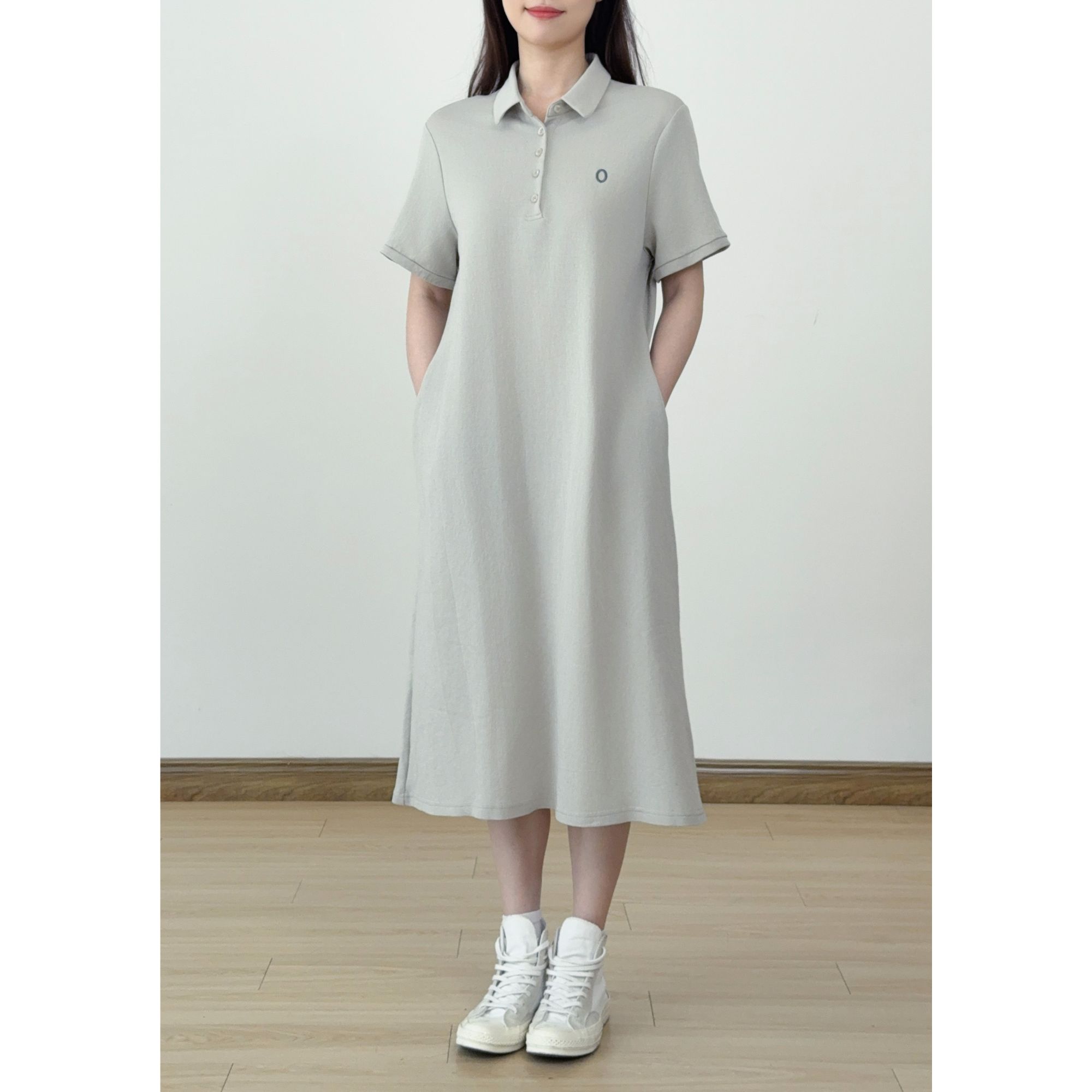天丝亚麻POLO领纯色棉麻连衣裙