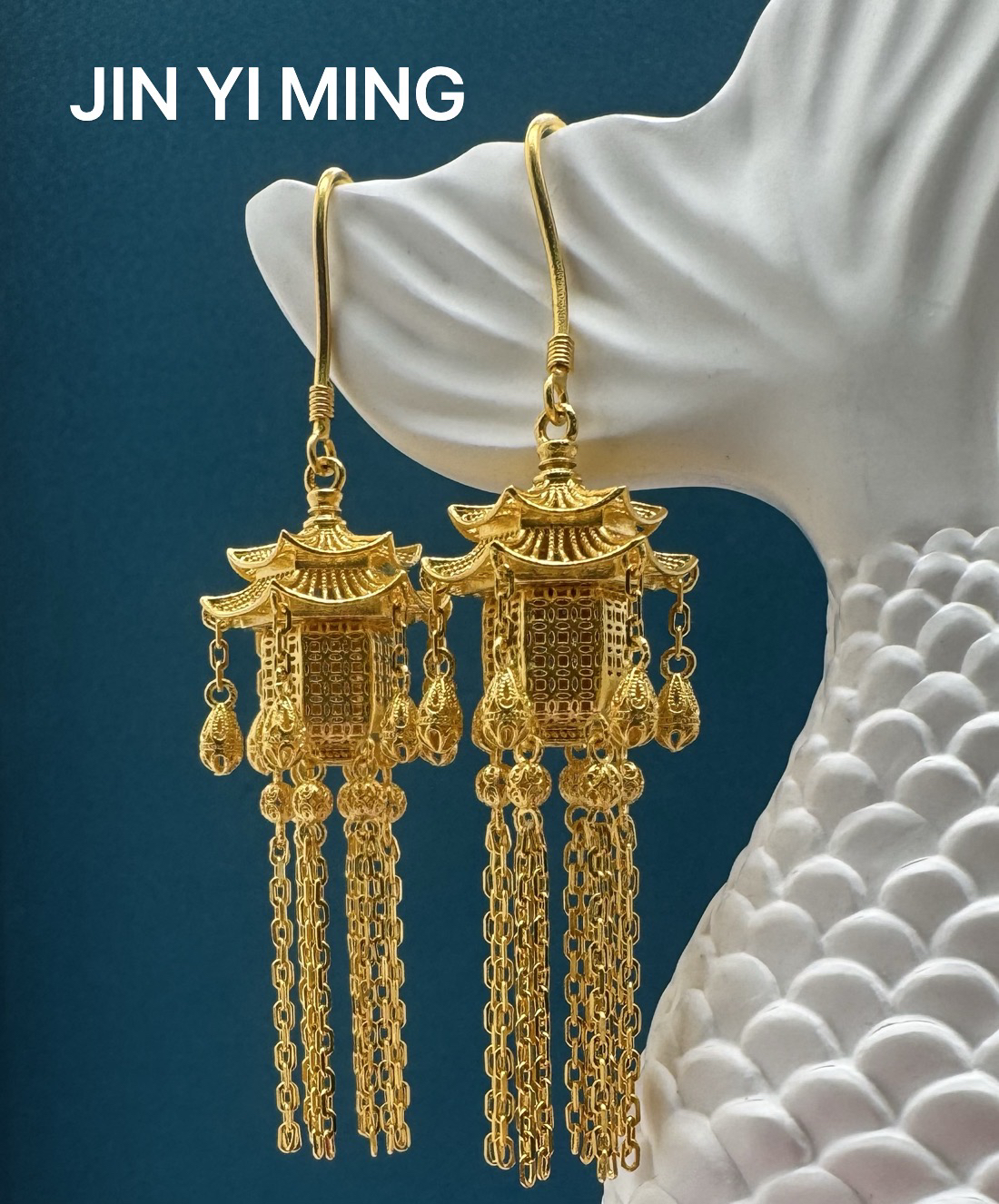 足银耳饰 JIN YI MING 足银999古法楼阁宫灯耳吊