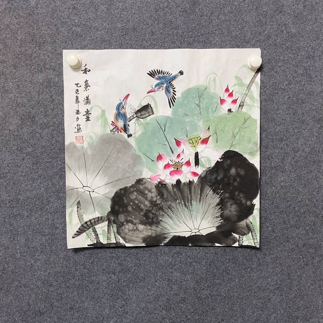 国画三尺斗方荷花一副