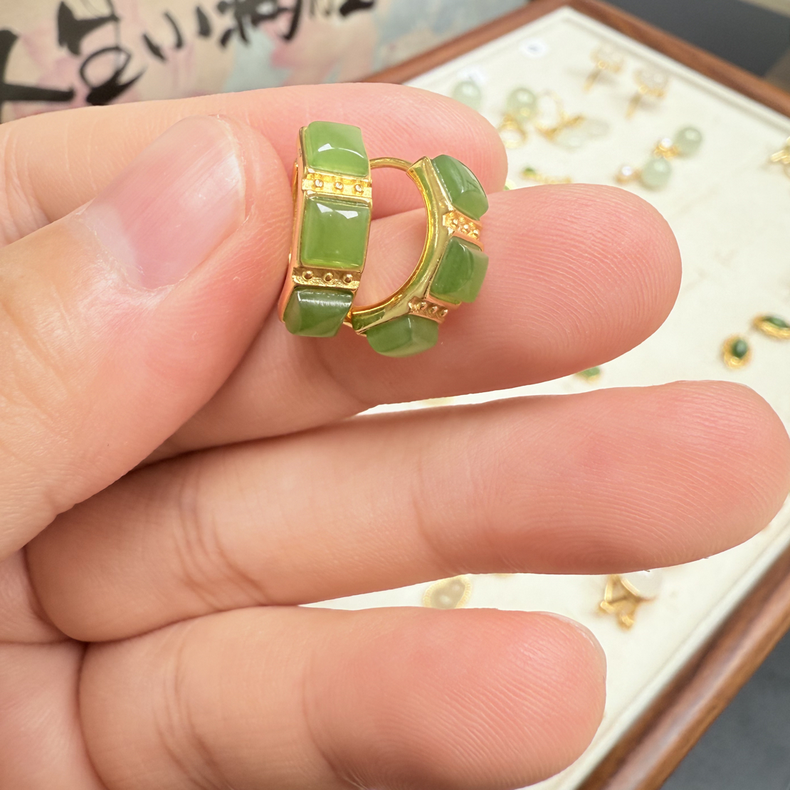 和田玉碧玉耳扣银镶百搭气质