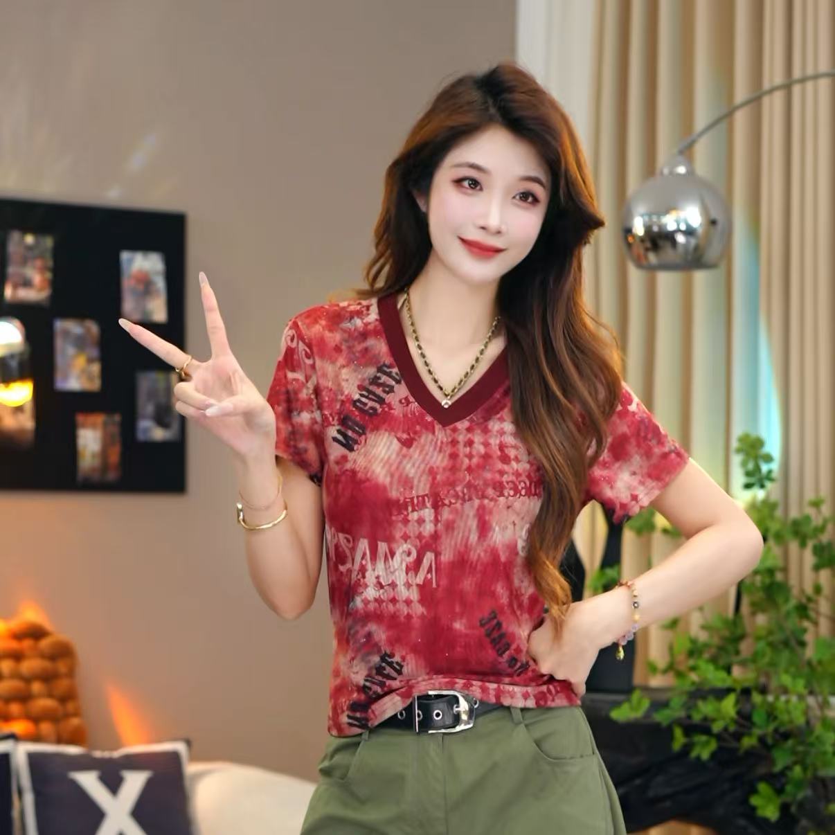 笑歌-V领不规则扎染网纱短袖T恤休闲气质夏季洋气-显瘦百搭时尚