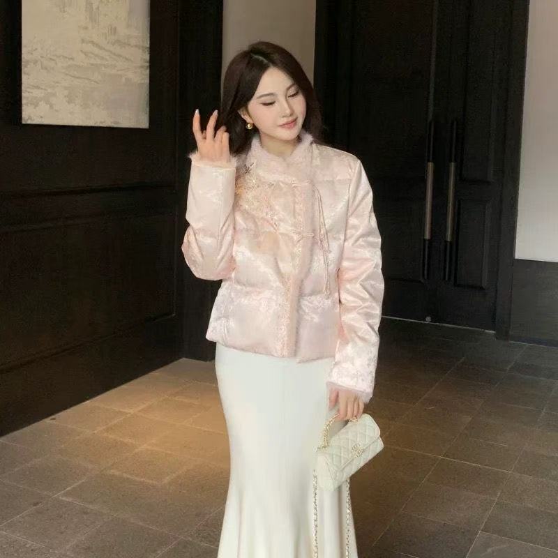 （水蜜桃）新中式冬季加厚棉衣刺绣棉袄立领新国风网红保暖外套