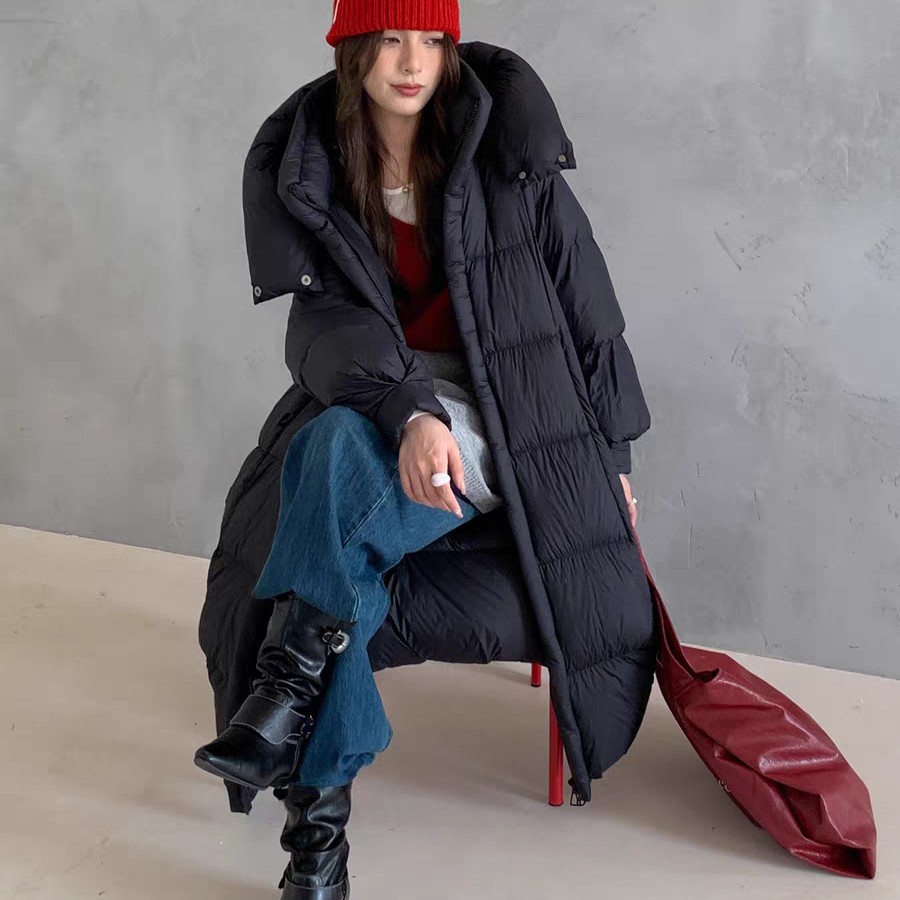 25年新款90白鸭绒羽绒服拉链长款加厚连帽纯色过膝毛领保暖冬季