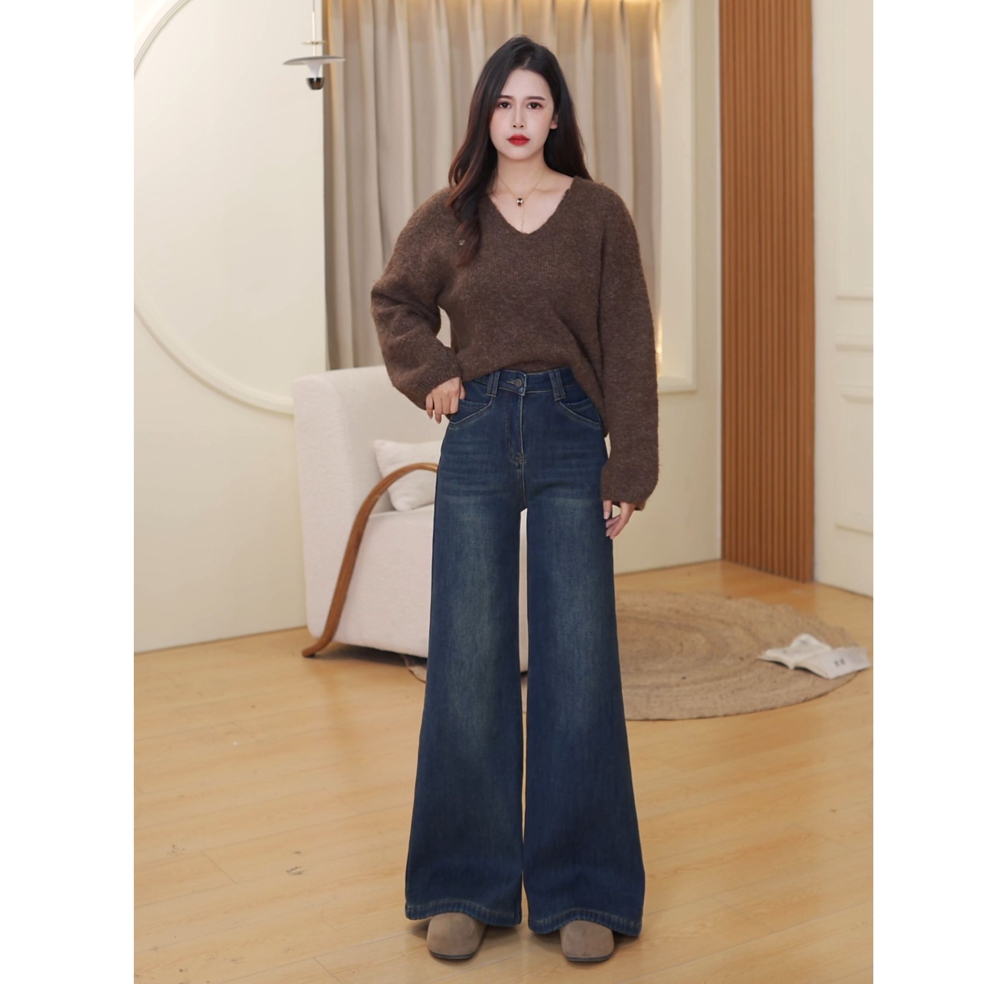 小个子时尚复古阔腿喇叭宽松显瘦琥珀流光风柔软亲肤牛仔裤10076