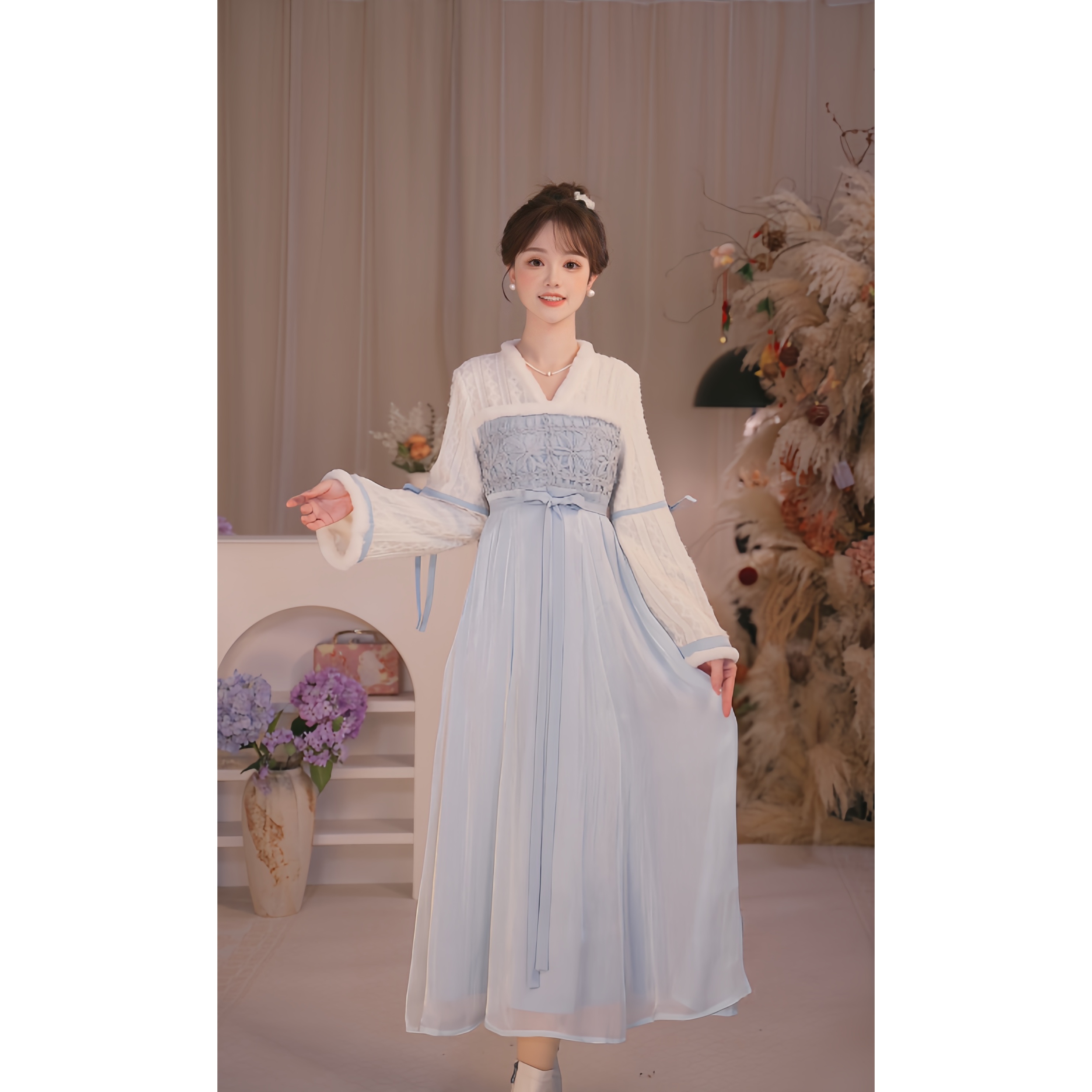 瑶西【清蓝琉光】冬季新款国风仙气天青色改良汉元素女连衣裙