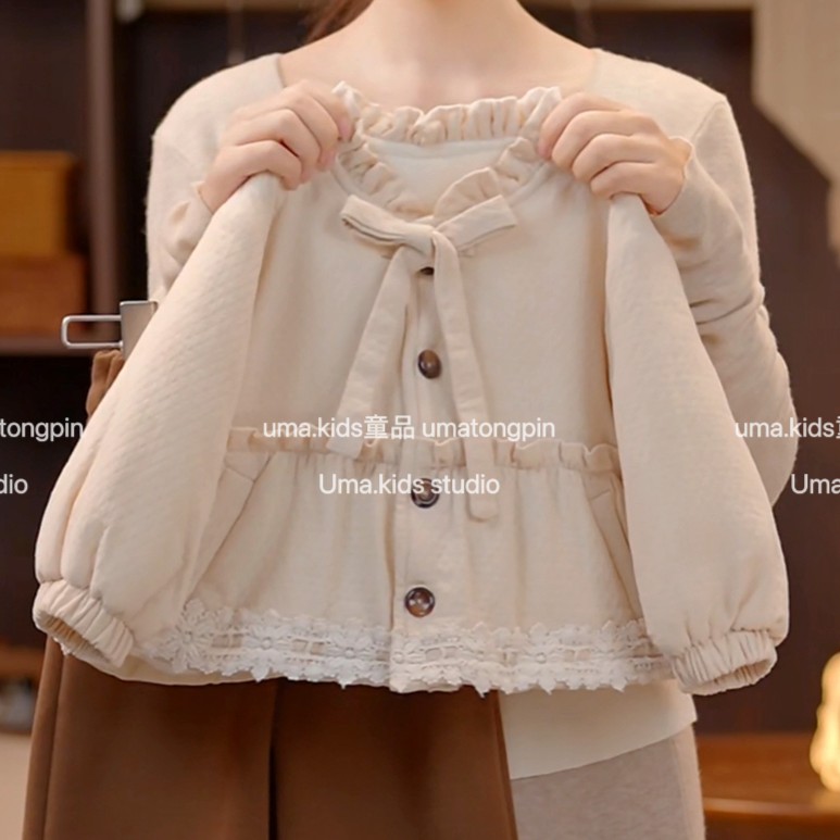 【清货】女童绗缝圆领蝴蝶结棉服秋冬宽松常规款百搭风韩版女童棉服