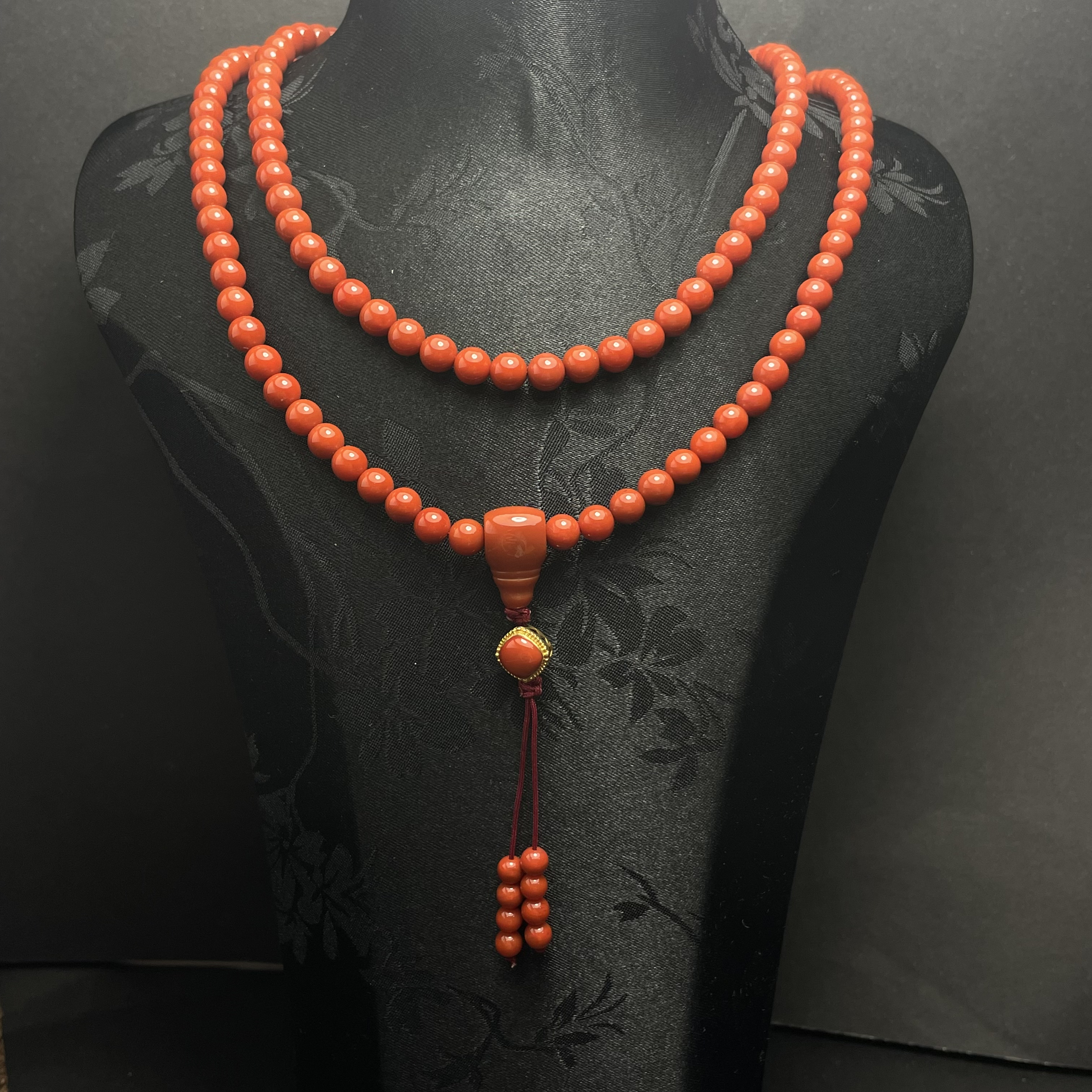 川料原矿南红108佛珠背云镶嵌18k金