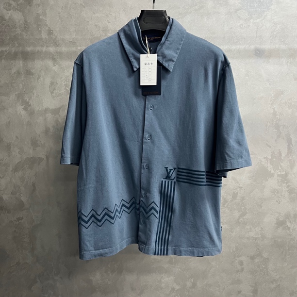 99新 LouisVuitton/路易威登 蓝色植绒品牌印花针织短袖衬衫/L码