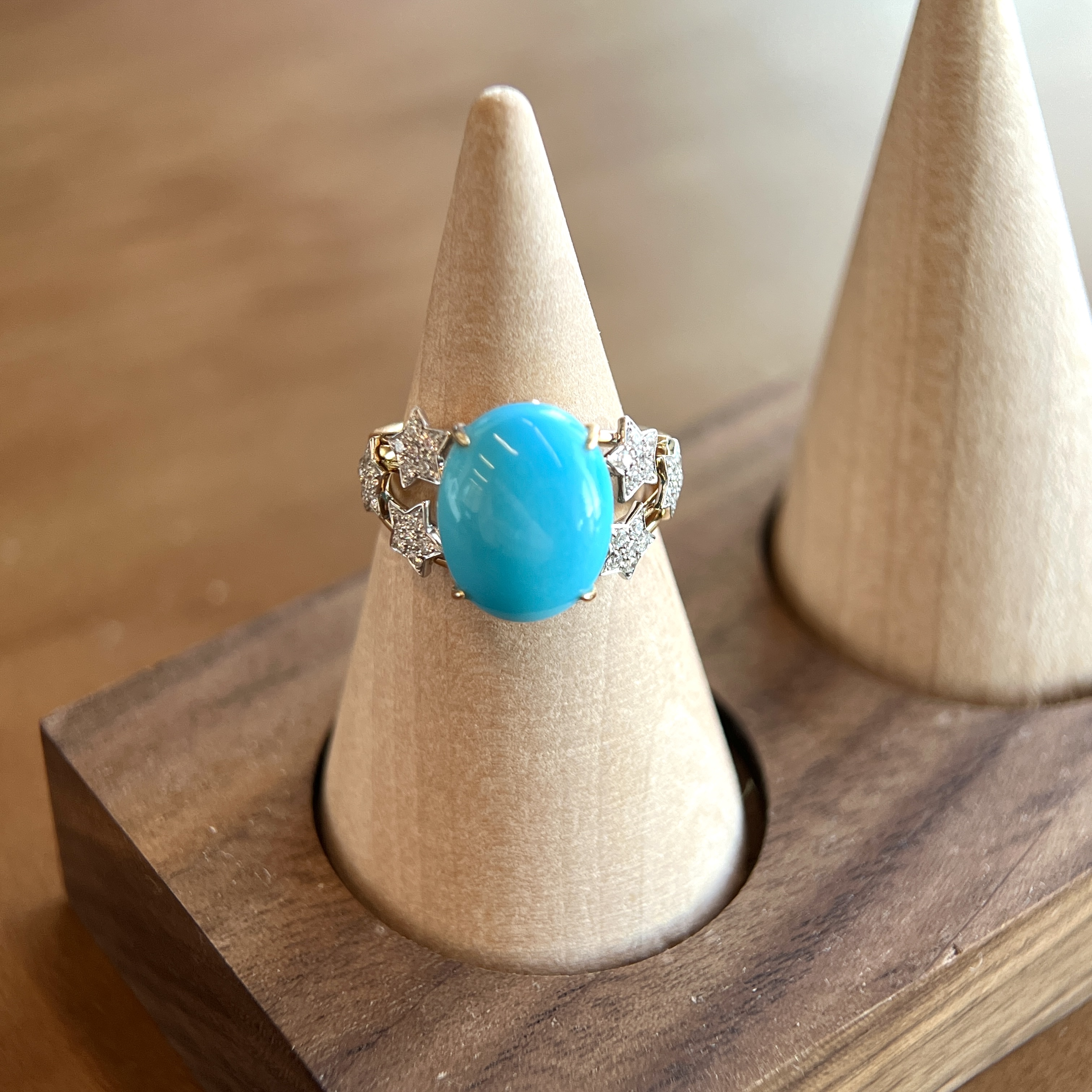 福余珠宝18k金美国天然睡美人原矿绿松石戒指星星钻绿松石配饰