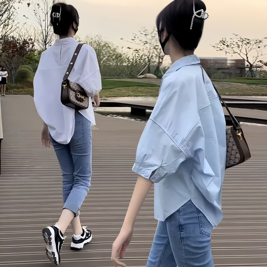 女装短袖棉衬衣新款夏季设计感显瘦外搭宽松白衬衫女士 现货