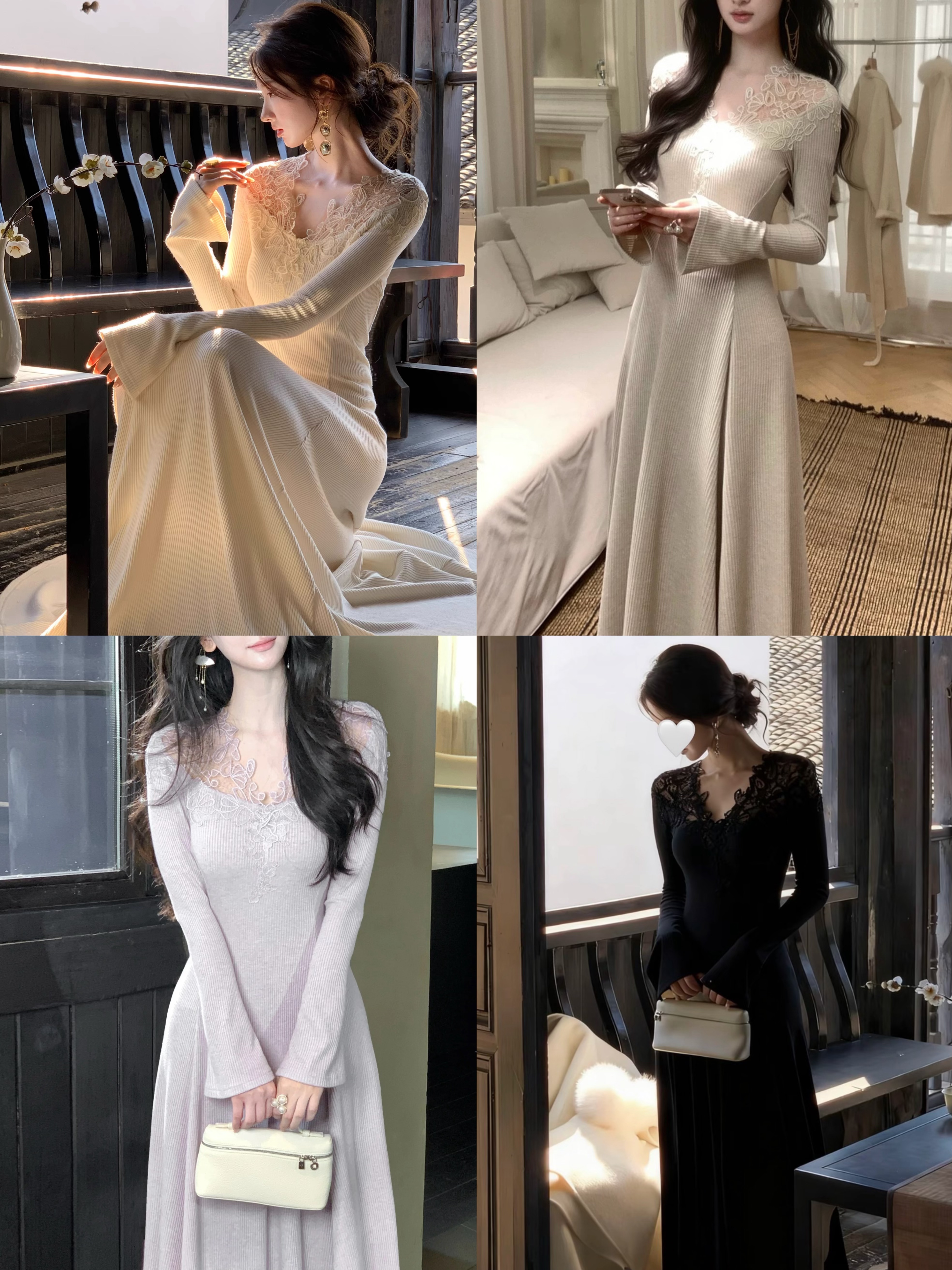 【现货】90010大码纯色长裙V领高腰不褪色连衣裙蕾丝显瘦长袖外穿