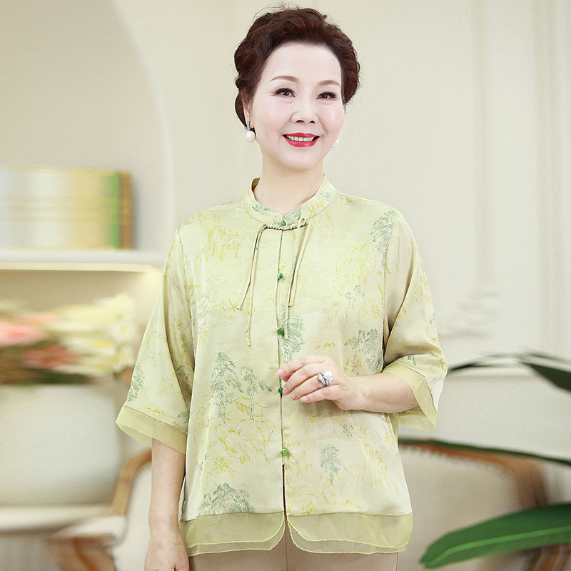 中老年人女妈妈装夏装新款中式国风衬衫上衣服气质T恤夏时尚套装