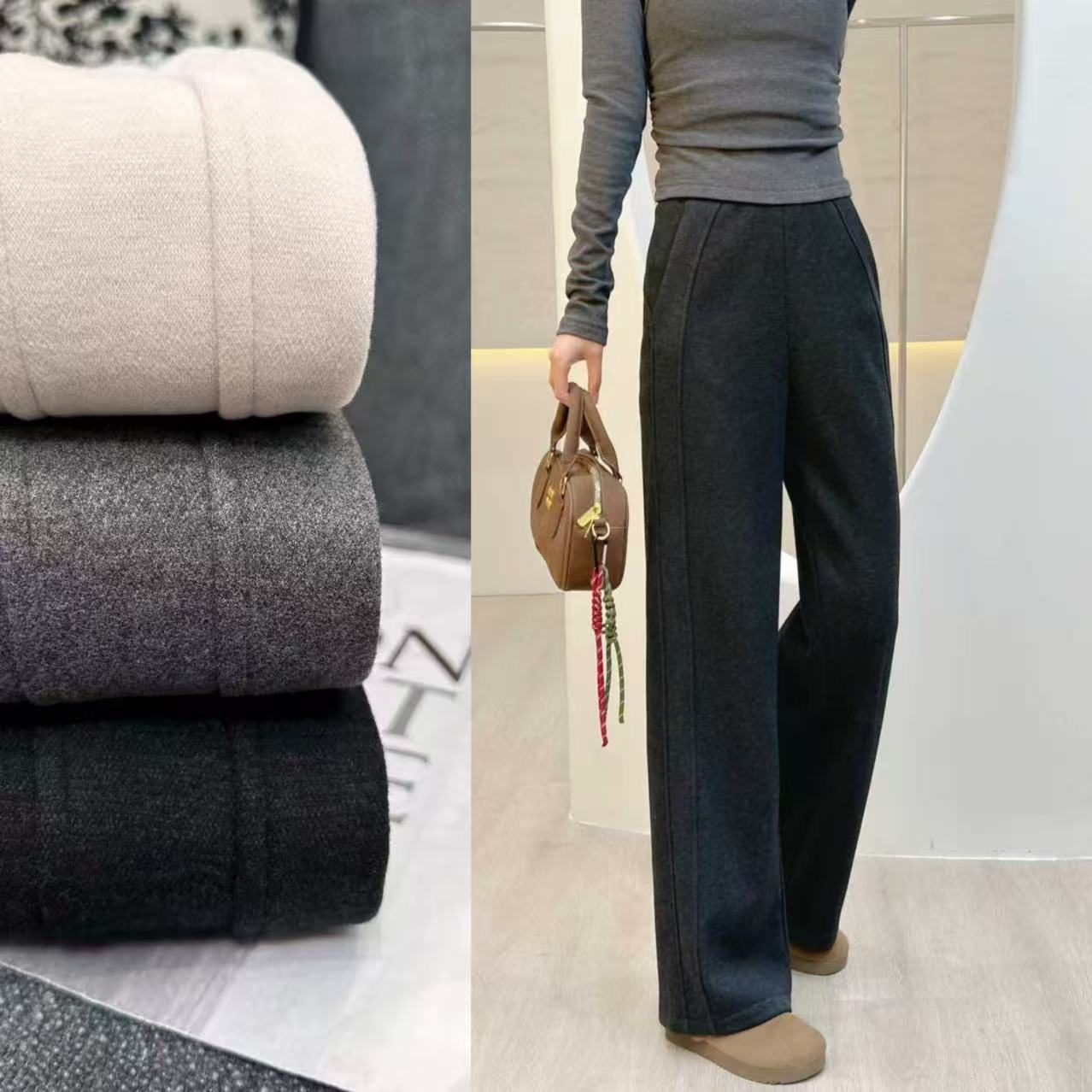 K2558 【羊毛醋酸】加绒加厚【窄版直筒裤】设计款高腰显瘦垂百搭裤女