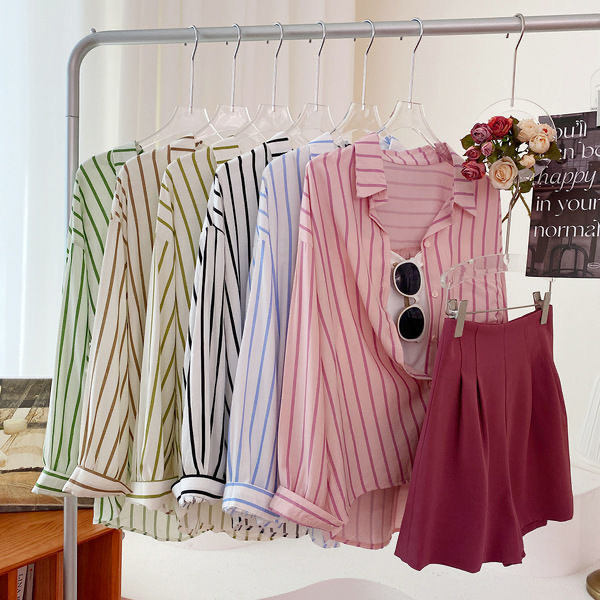 高级感复古条纹长袖衬衫女早秋韩版气质垂感休闲衬衣韩系外搭上衣