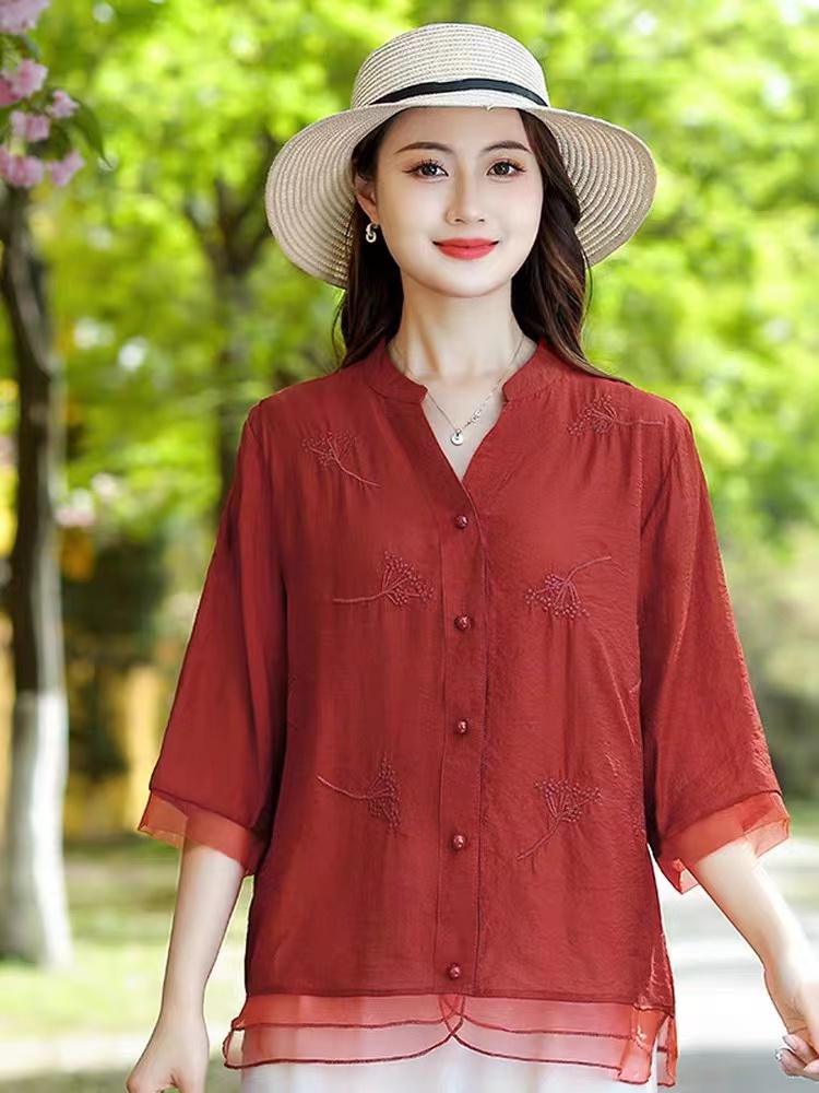 夏季女款宽松遮肚衬衫V领刺绣夏季无衣门襟七分袖