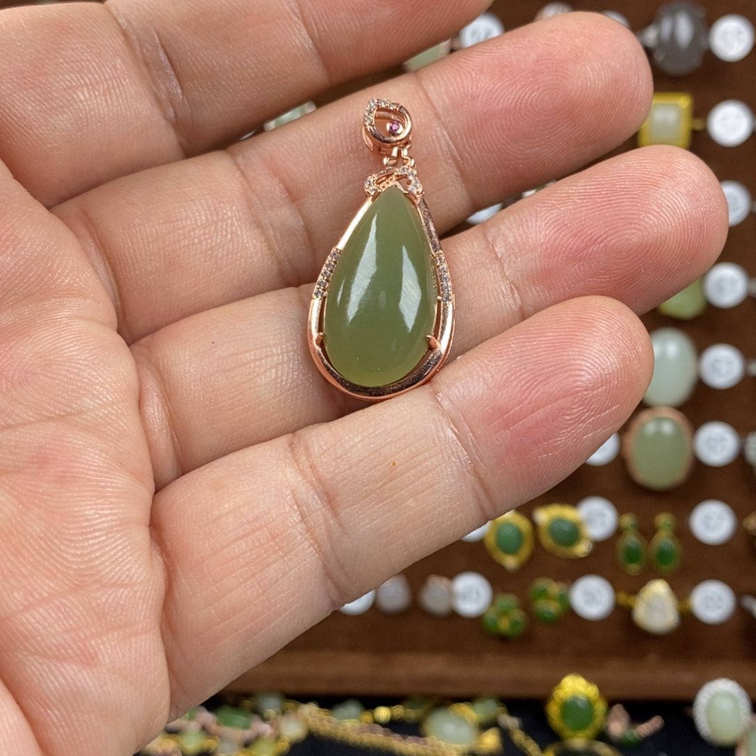 和田玉（青玉）戒指银S925镀金镶嵌