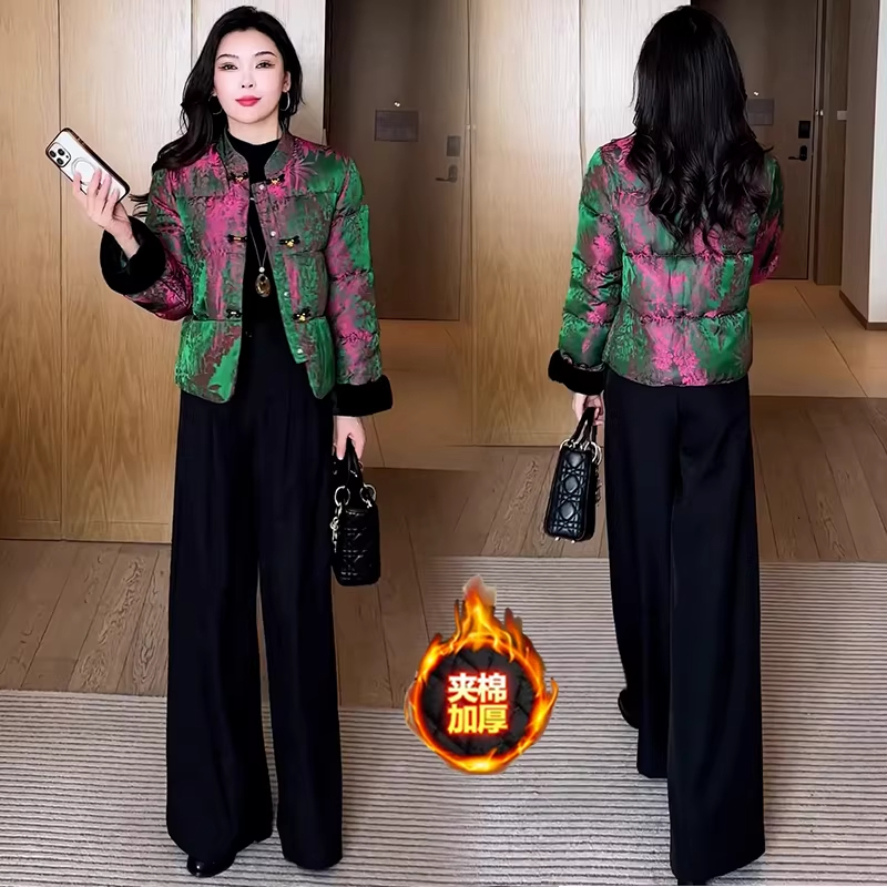 新中式国风短款棉服女冬季新款洋气小个子保暖提花盘扣棉袄外套潮