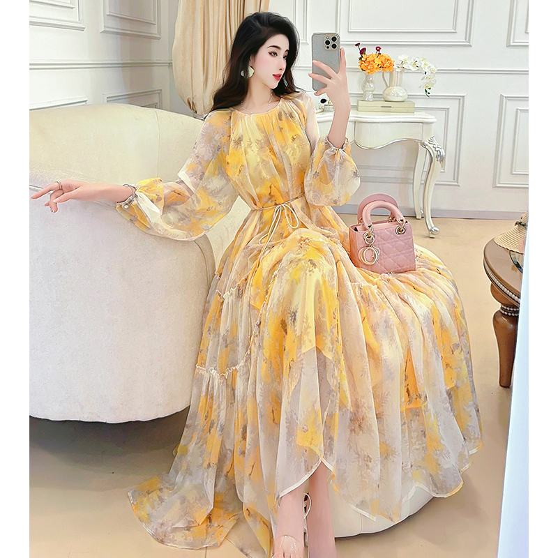 【清】超仙温柔印花连衣裙长裙均码