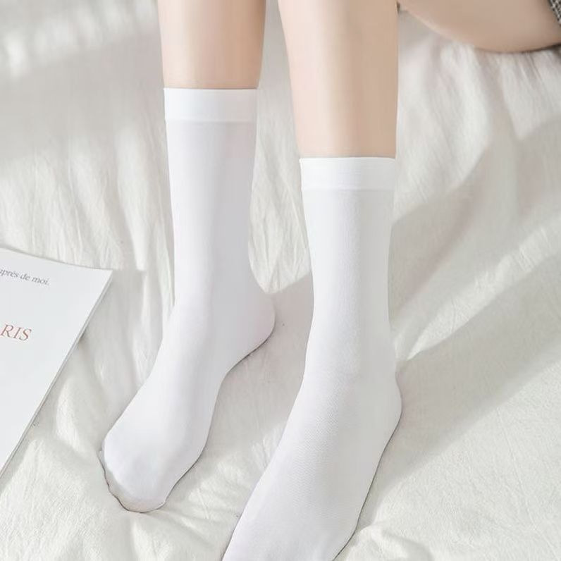 女士夏季薄款日系百搭白色中筒天鹅绒袜