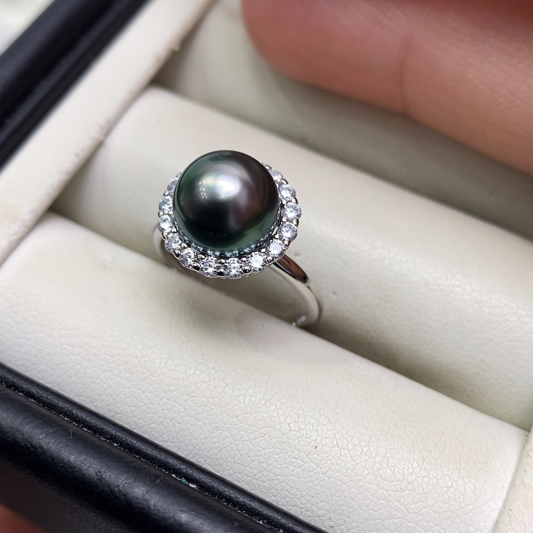 银S925镶嵌戒圈海水珍珠孔雀绿9-10