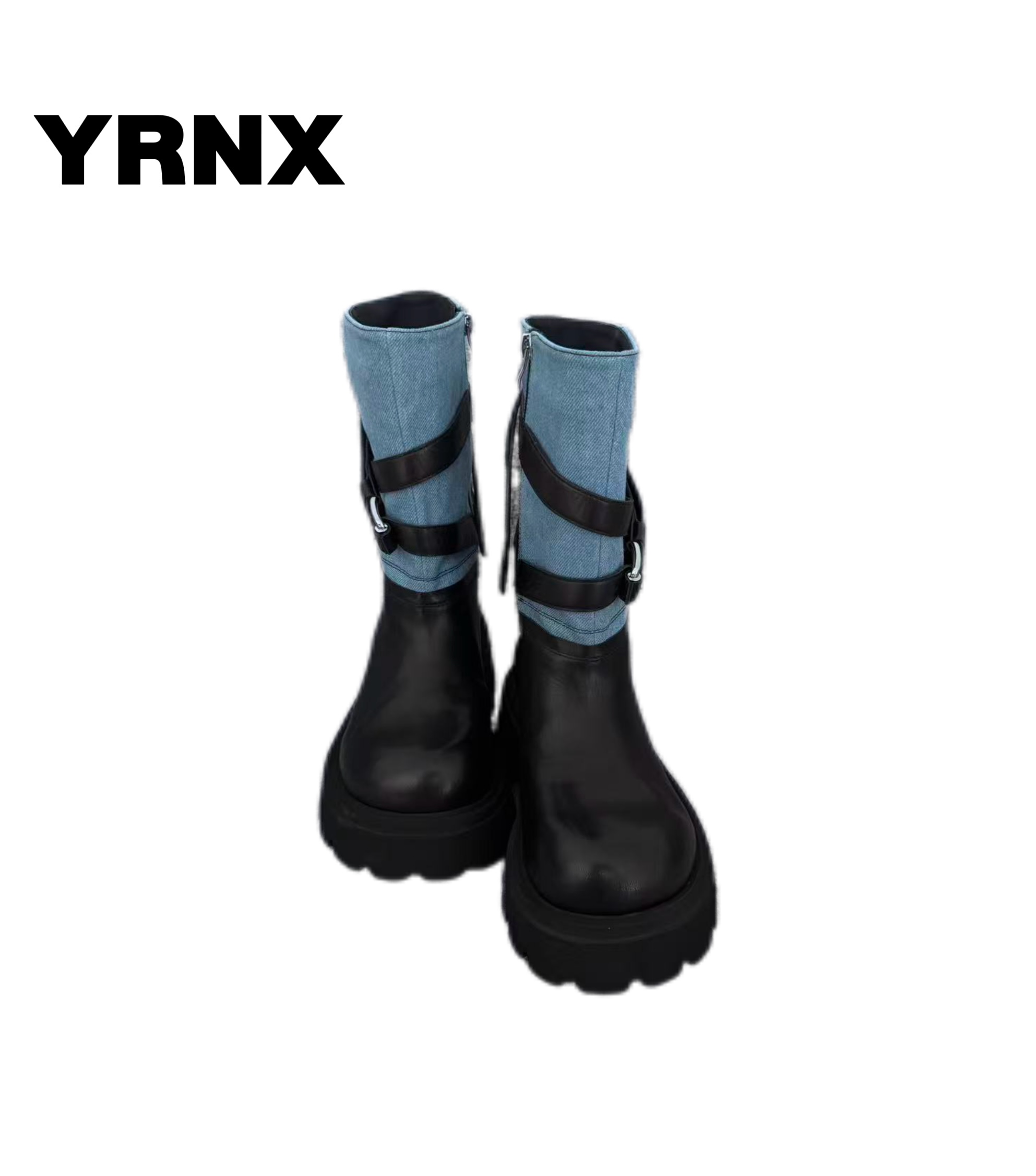 YRNX复古拼接真皮中筒绑带扣马丁靴 厚底增高小众设计感显瘦女靴