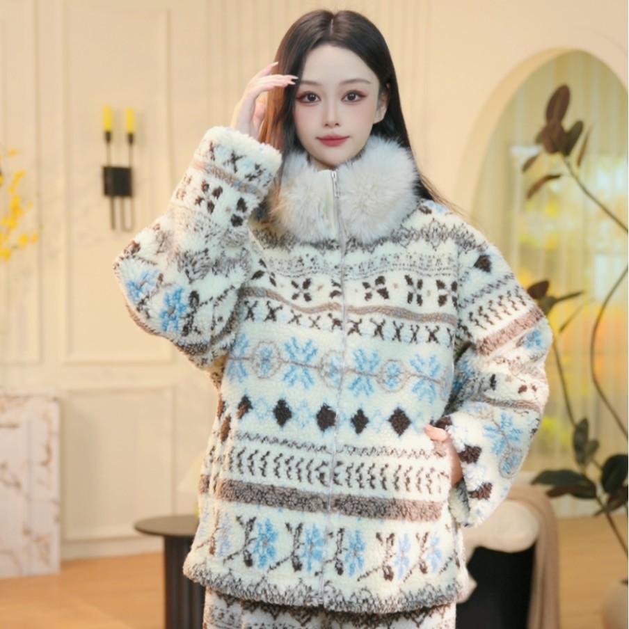 甜美高级立领毛绒珊瑚绒睡衣女冬季新款加厚保暖家居服套装可外穿