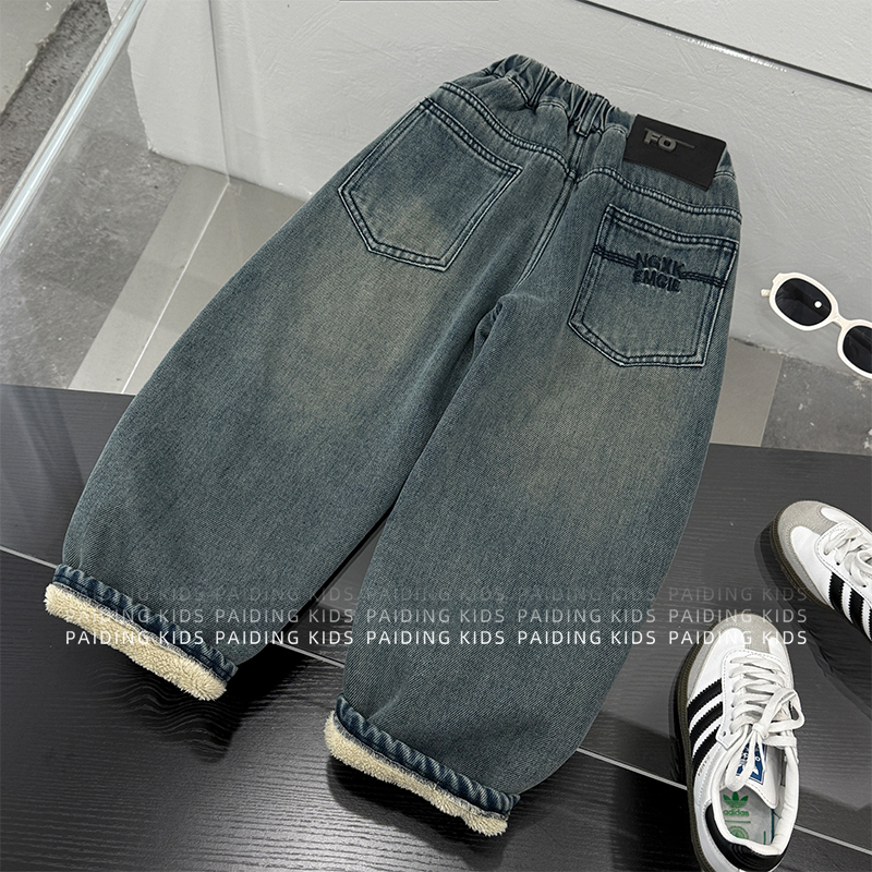 【现货】25冬装儿童韩版时尚复古水洗做旧加绒加厚牛仔裤SJ6763