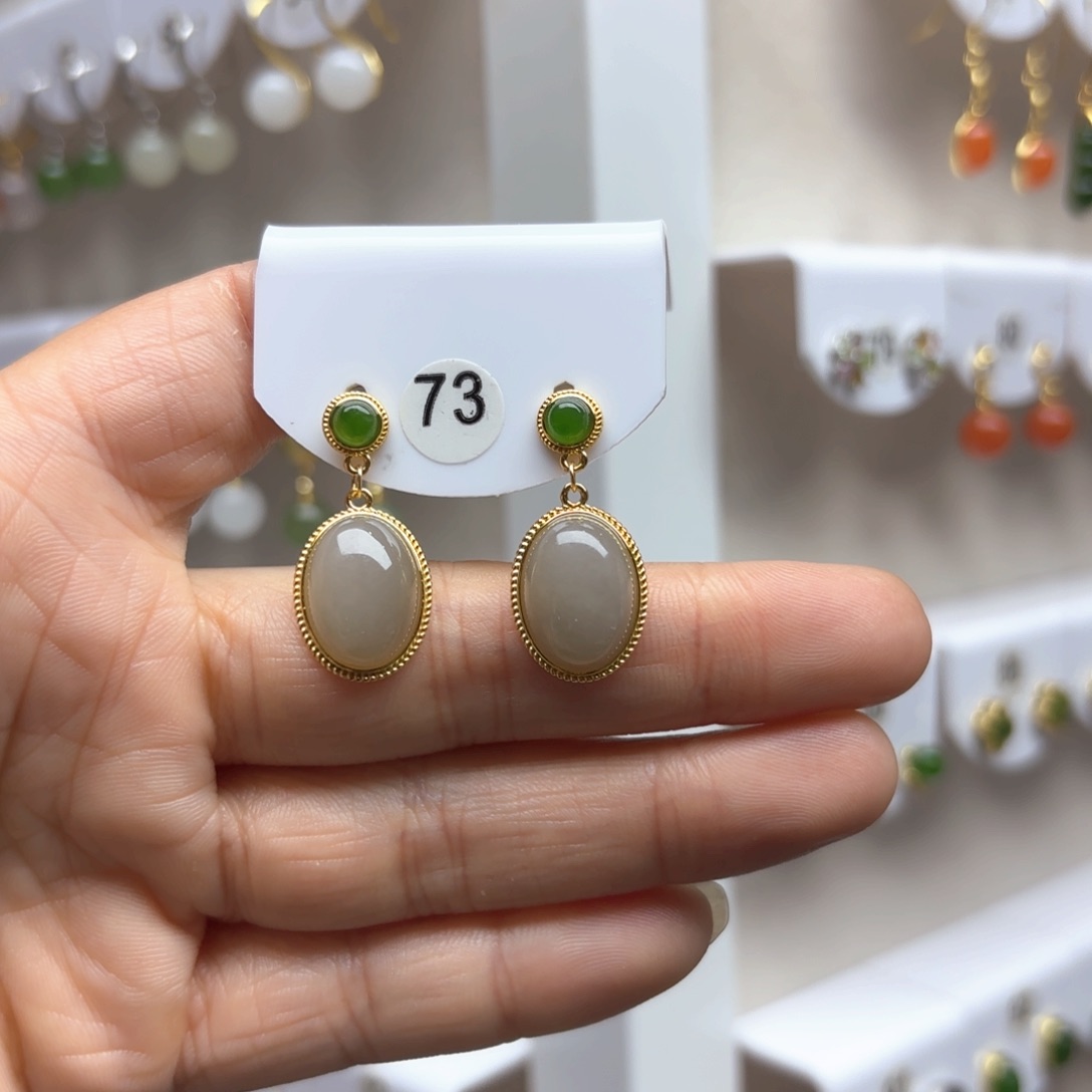 和田玉耳饰银S925镶嵌