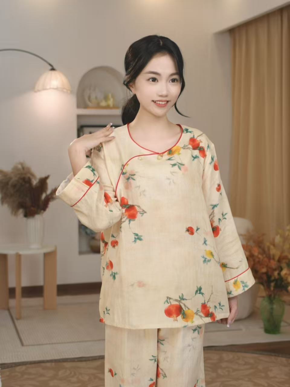 国风【石榴花】新中式全棉双层纱睡衣女国风可外穿家居套装