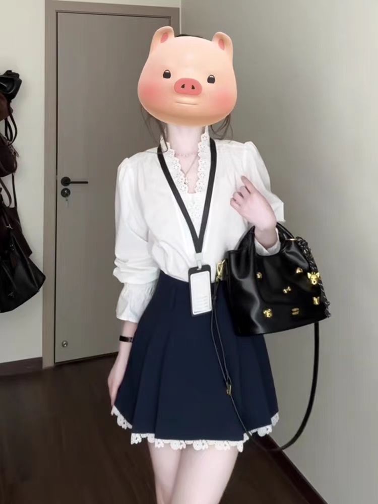 2025新款学院风喇叭袖衬衫连衣裙子女春秋季韩系蕾丝花边套装短裙