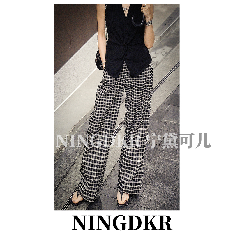 店B40432复古黑白格子直筒裤女高腰显瘦慵懒风宽松休闲显高长裤子