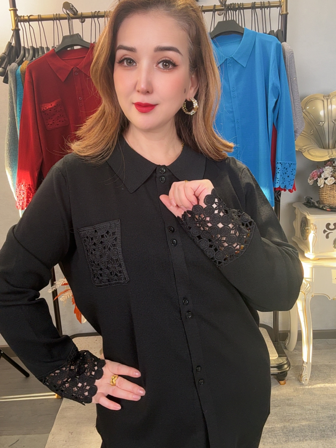 高级感镂空女翻领衫休闲百搭洋气女装上衣时尚气质