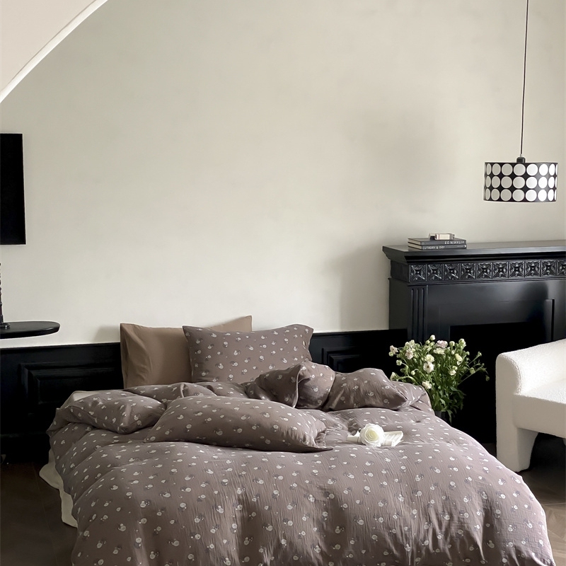 中古风混搭小碎花全棉纯棉双层纱色织大提花纽扣款四件套床单床笠